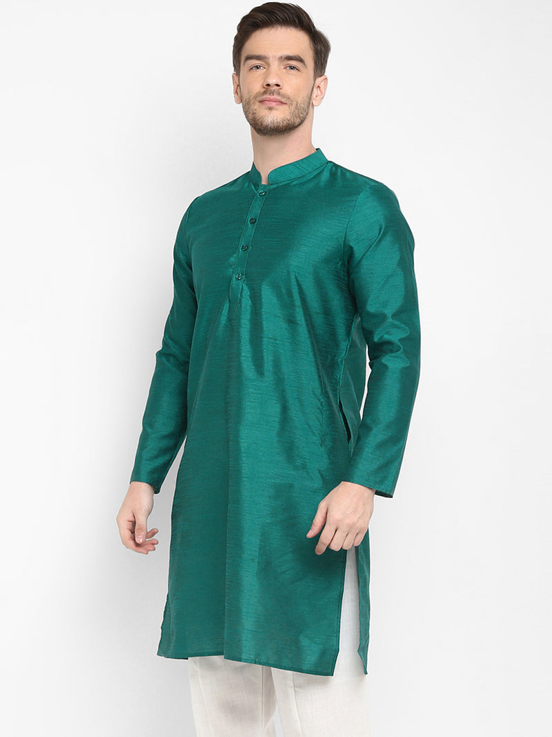 Hangup Men Standard Solid Men's Indian Wear-SeaGreen_Dupion_LongKurta