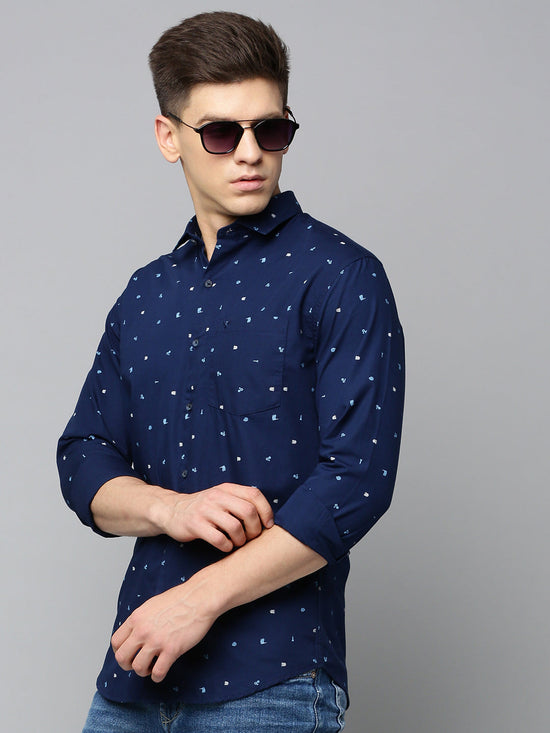 Men Spread Collar Printed Navy Blue Shirt-StaplePrints-0579-Navyblue