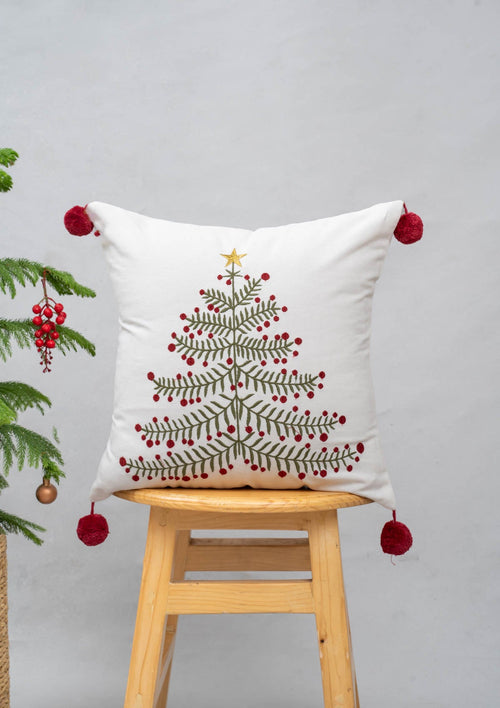 Starlit Cushion 100% cotton embroidered cushion cover for sofa with red pom pom - Multicolor-231254172