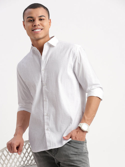 Men Vertical Stripes White Shirt-SynoStripes-1043-White