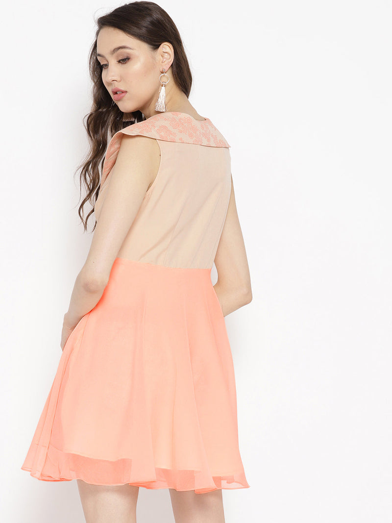Broad collar with block print Skater Dress in Light peach