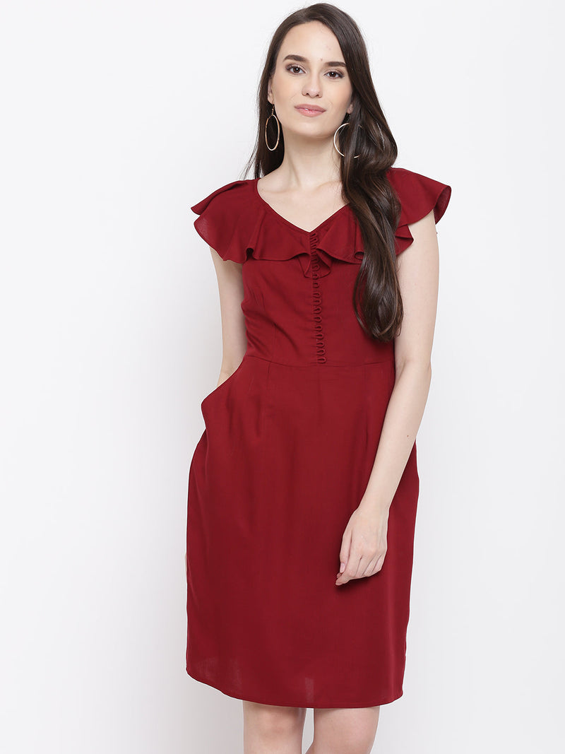 Front loop button pencil dress in Maroon