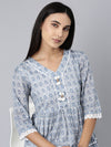 Women V-Neck Printed Empire Blue Kurti-TF-77-Blue