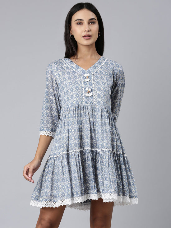 Women V-Neck Printed Empire Blue Kurti-TF-77-Blue