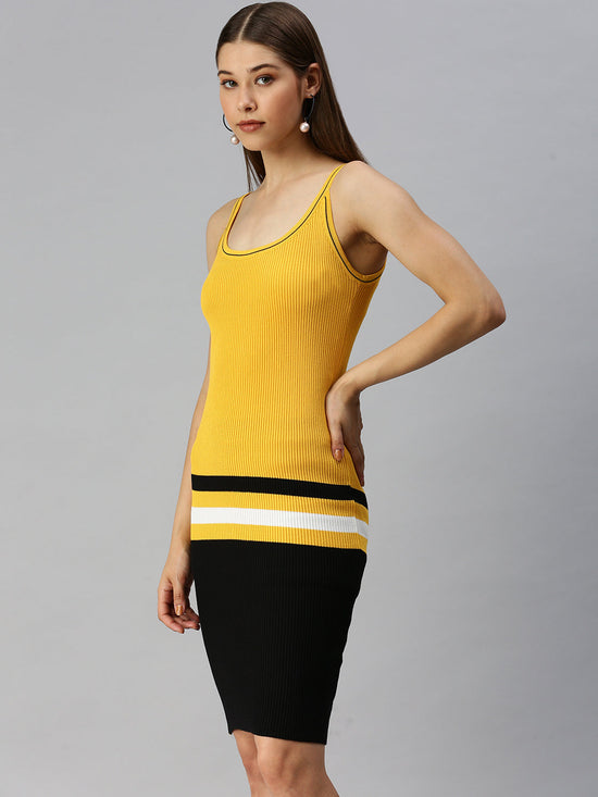 Women Shoulder Straps Solid Bodycon Yellow Dress-TG-2025-Yellowblack