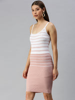 Women Shoulder Straps Striped Bodycon Peach Dress-TG-2026-Peachwhite