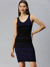 Women V-Neck Striped Bodycon Navy Blue Dress-TG-976-Navyblueblack