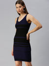 Women V-Neck Striped Bodycon Navy Blue Dress-TG-976-Navyblueblack