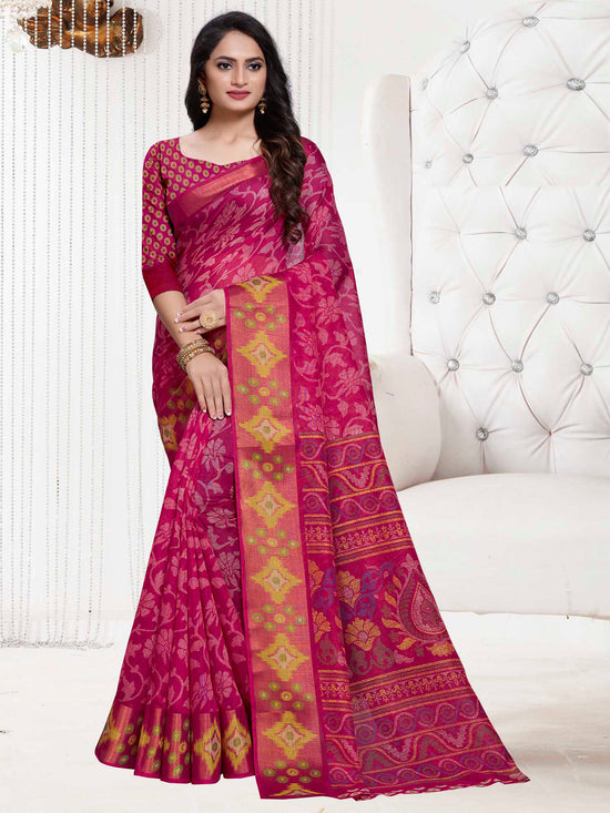 Saree Mall Women's Cotton Blend Pink Printed Designer Saree With Blouse Piece-TNZC04D