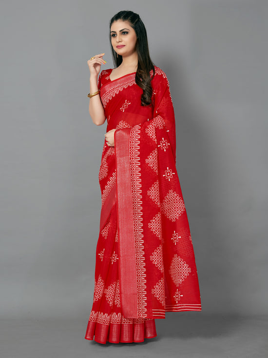 Saree Mall Women's Cotton Blend Red Printed Designer Saree With Blouse Piece-TNZC12A