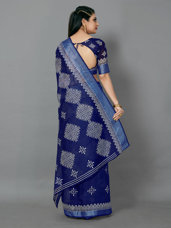 Saree Mall Women's Cotton Blend Navy Blue Printed Designer Saree With Blouse Piece-TNZC12B