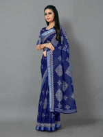 Saree Mall Women's Cotton Blend Navy Blue Printed Designer Saree With Blouse Piece-TNZC12B