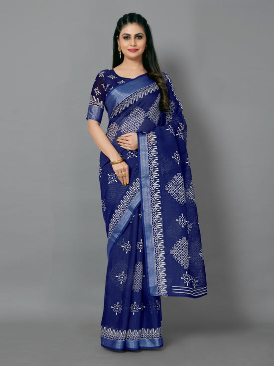 Saree Mall Women's Cotton Blend Navy Blue Printed Designer Saree With Blouse Piece-TNZC12B