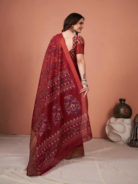 Saree Mall Women's Cotton Blend Maroon Printed Designer Saree With Blouse Piece-TNZC18D