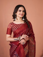 Saree Mall Women's Cotton Blend Maroon Printed Designer Saree With Blouse Piece-TNZC18D