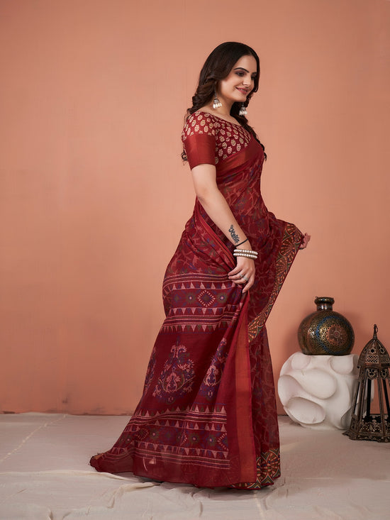 Saree Mall Women's Cotton Blend Maroon Printed Designer Saree With Blouse Piece-TNZC18D