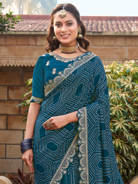 Saree Mall Women's Vichitra  Teal Blue Printed Designer Saree With Blouse Piece-TRANA81952