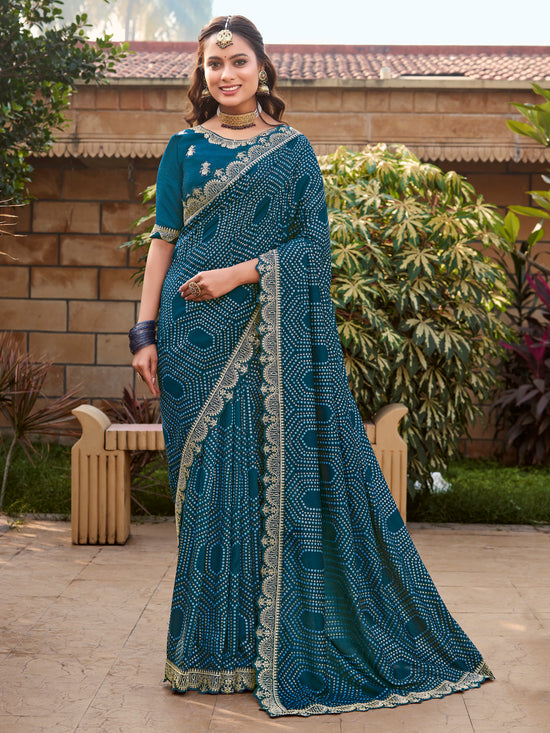 Saree Mall Women's Vichitra  Teal Blue Printed Designer Saree With Blouse Piece-TRANA81952