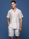 Men Printed Cuban Collar White Relaxed Fit Co-Ords Set-Timo-2992-White