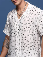 Men Printed Cuban Collar White Relaxed Fit Co-Ords Set-Timo-2992-White