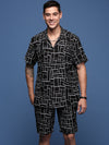 Men Printed Cuban Collar Black Relaxed Fit Co-Ords Set-Timo-2993-Black