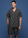 Men Printed Cuban Collar Black Relaxed Fit Co-Ords Set-Timo-2996-Black