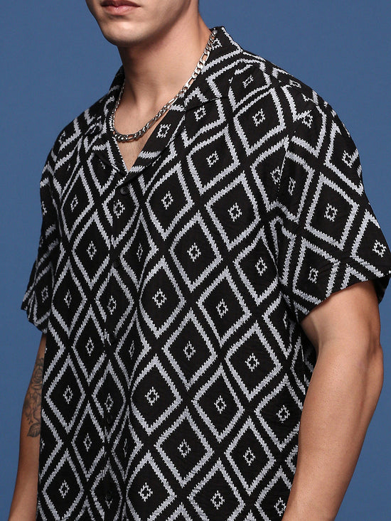 Men Printed Cuban Collar Black Relaxed Fit Co-Ords Set-Timo-2996-Black