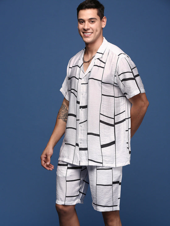 Men Printed Cuban Collar White Relaxed Fit Co-Ords Set-Timo-2997-White