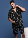 Men Printed Cuban Collar Black Relaxed Fit Co-Ords Set-Timo-2999-Black