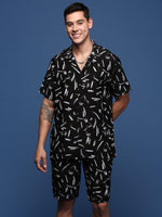 Men Printed Cuban Collar Black Relaxed Fit Co-Ords Set-Timo-2999-Black