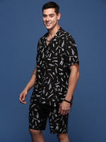 Men Printed Cuban Collar Black Relaxed Fit Co-Ords Set-Timo-2999-Black