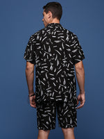 Men Printed Cuban Collar Black Relaxed Fit Co-Ords Set-Timo-2999-Black