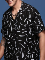 Men Printed Cuban Collar Black Relaxed Fit Co-Ords Set-Timo-2999-Black