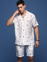 Men Printed Cuban Collar White Relaxed Fit Co-Ords Set-Timo-3000-White