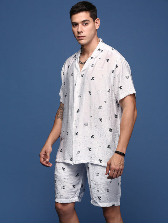 Men Printed Cuban Collar White Relaxed Fit Co-Ords Set-Timo-3000-White