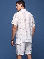 Men Printed Cuban Collar White Relaxed Fit Co-Ords Set-Timo-3000-White