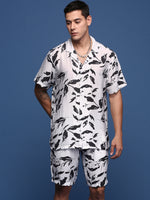 Men Printed Cuban Collar White Relaxed Fit Co-Ords Set-Timo-3003-White