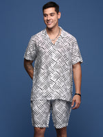 Men Printed Cuban Collar White Relaxed Fit Co-Ords Set-Timo-3004-White