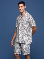 Men Printed Cuban Collar White Relaxed Fit Co-Ords Set-Timo-3004-White