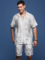 Men Printed Cuban Collar White Relaxed Fit Co-Ords Set-Timo-3009-White