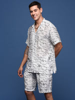 Men Printed Cuban Collar White Relaxed Fit Co-Ords Set-Timo-3009-White