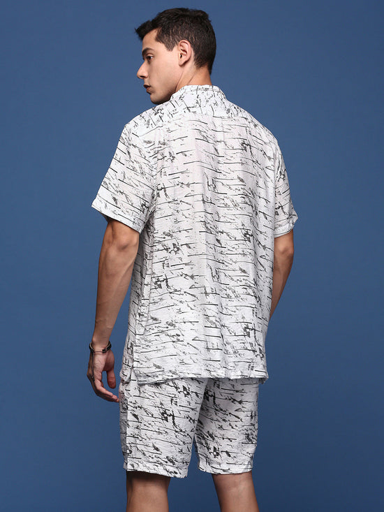 Men Printed Cuban Collar White Relaxed Fit Co-Ords Set-Timo-3009-White