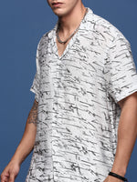 Men Printed Cuban Collar White Relaxed Fit Co-Ords Set-Timo-3009-White