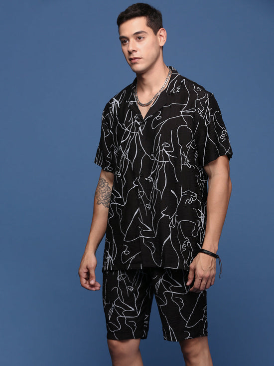 Men Printed Cuban Collar Black Relaxed Fit Co-Ords Set-Timo-3011-Black