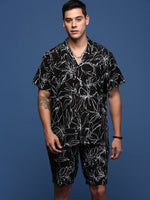 Men Printed Cuban Collar Black Relaxed Fit Co-Ords Set-Timo-3012-Black