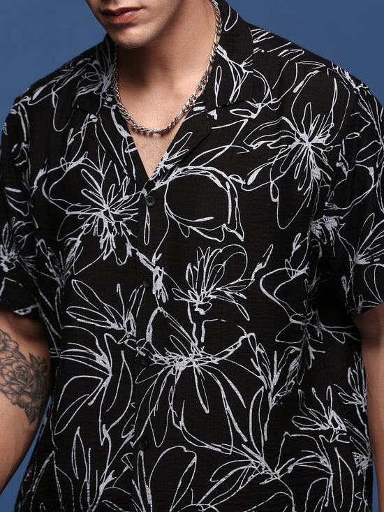 Men Printed Cuban Collar Black Relaxed Fit Co-Ords Set-Timo-3012-Black