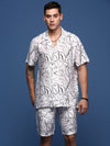 Men Printed Cuban Collar White Relaxed Fit Co-Ords Set-Timo-3013-White