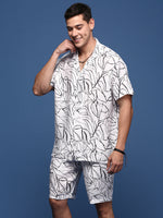 Men Printed Cuban Collar White Relaxed Fit Co-Ords Set-Timo-3013-White