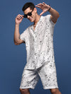 Men Printed Cuban Collar White Relaxed Fit Co-Ords Set-Timo-3016-White