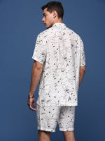 Men Printed Cuban Collar White Relaxed Fit Co-Ords Set-Timo-3016-White